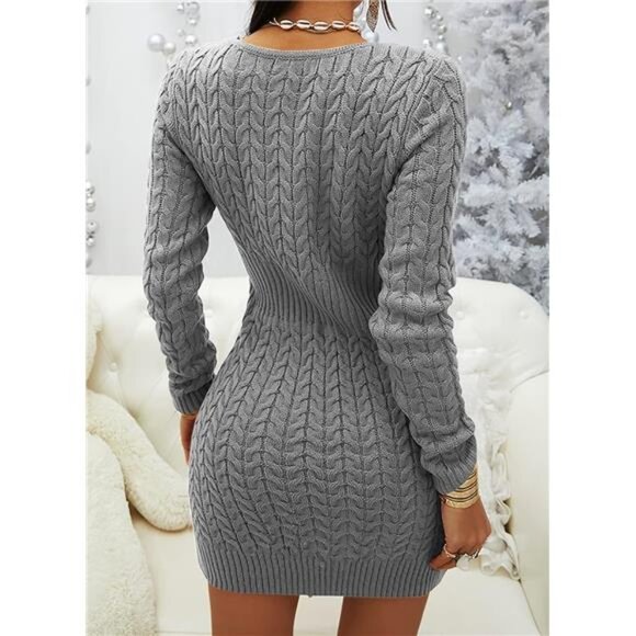 Womens Zipper V-Neck Casual Slim Fit Mini Dress Grey - Picture 3 of 3